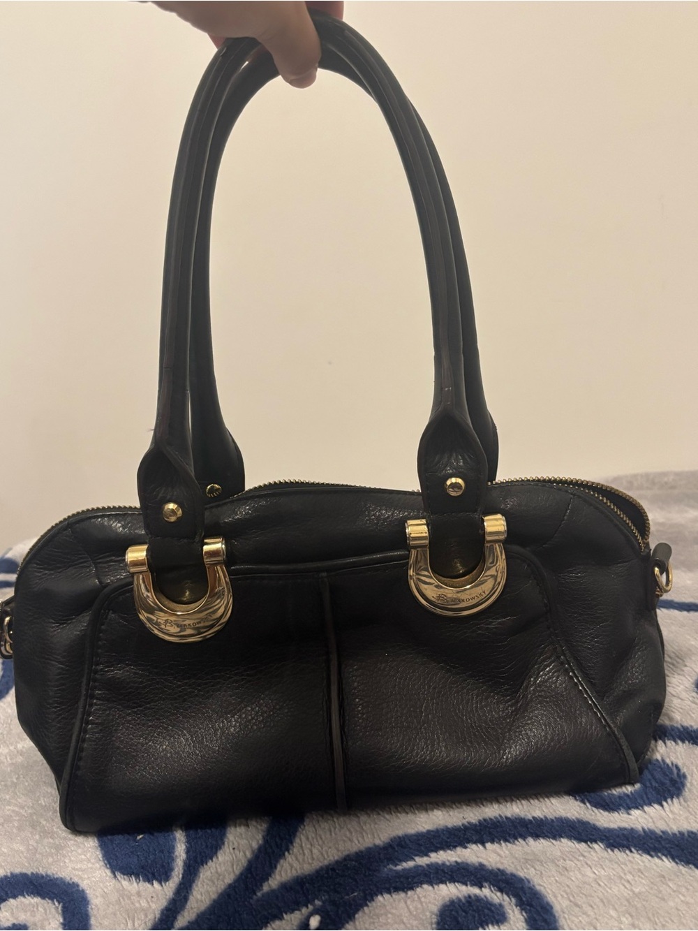 b. makowsky Black Leather Shoulder Bag with Gold Hardware